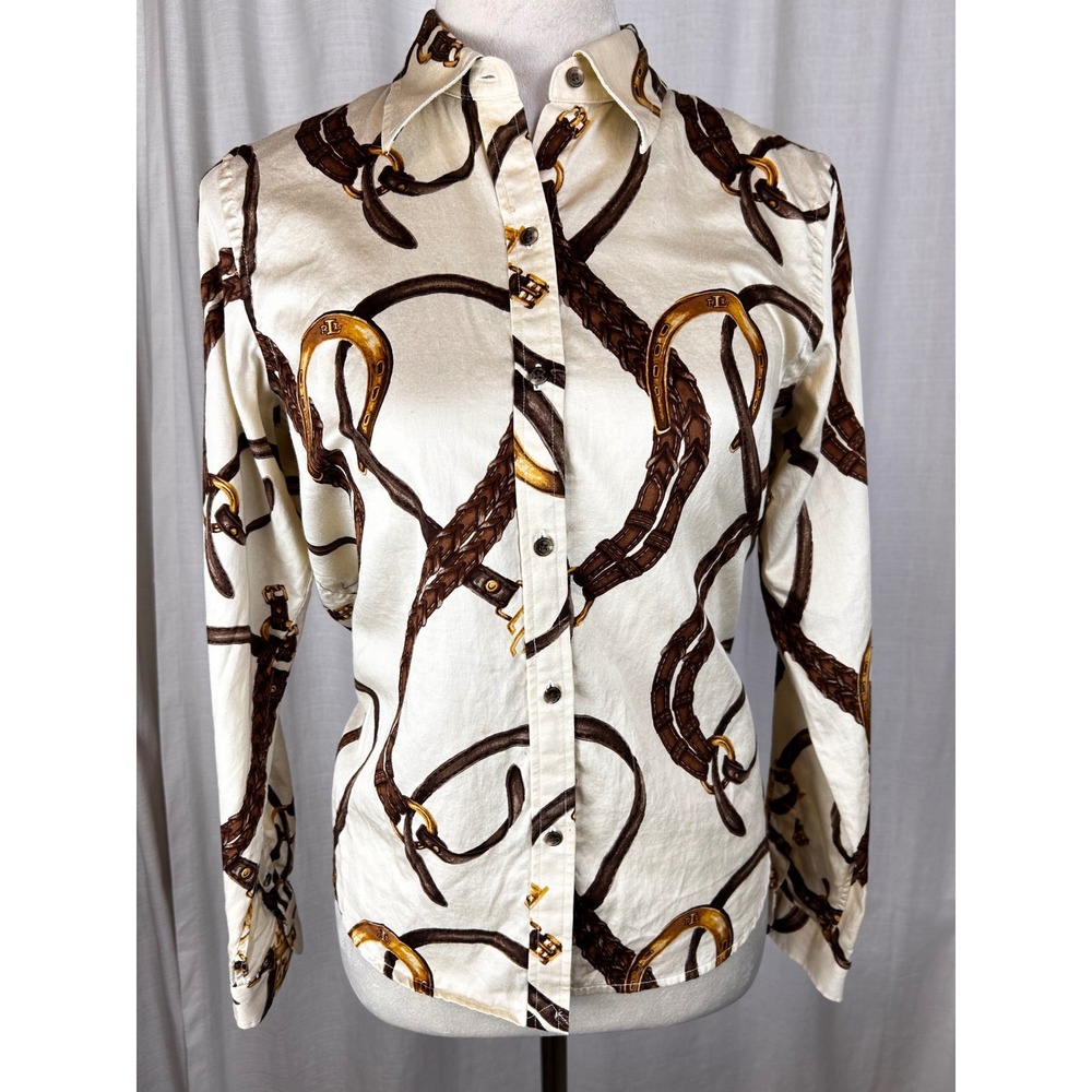 Women's Vintage Ralph Lauren Classic Fit Equestrian-Print Twill Shirt Size MP